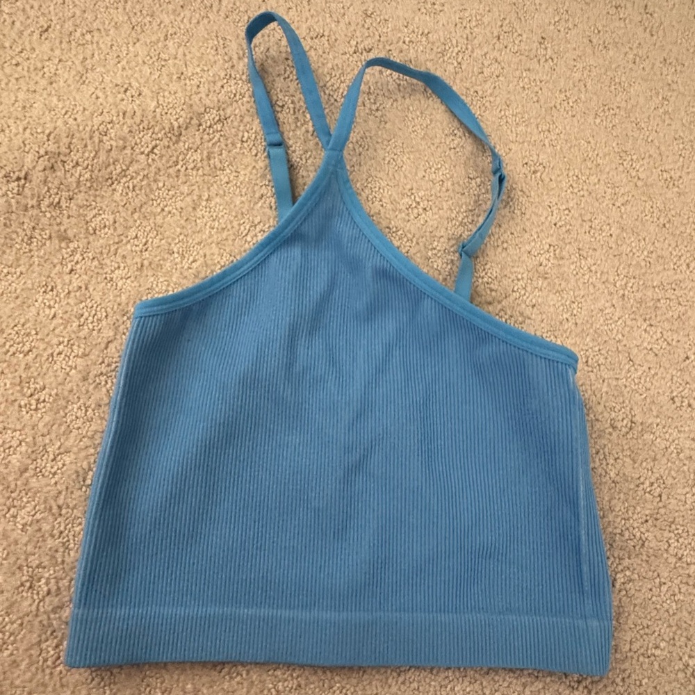 Blue Ribbed Athletic Crop Top